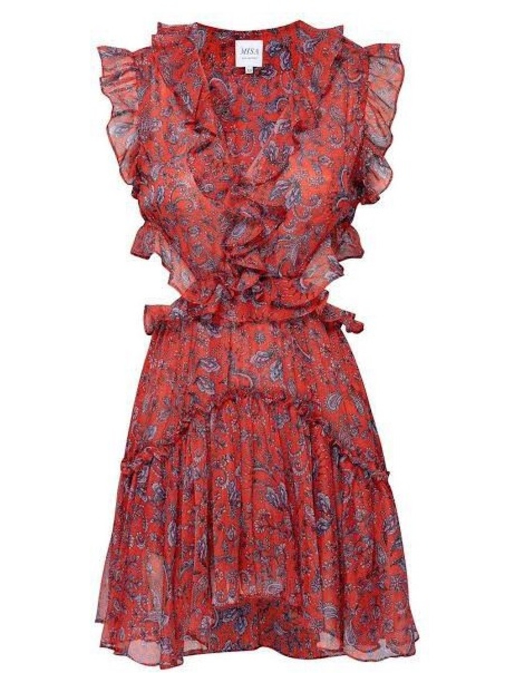 Misa Los Angeles Red Paisley Ruffle Mini Dress